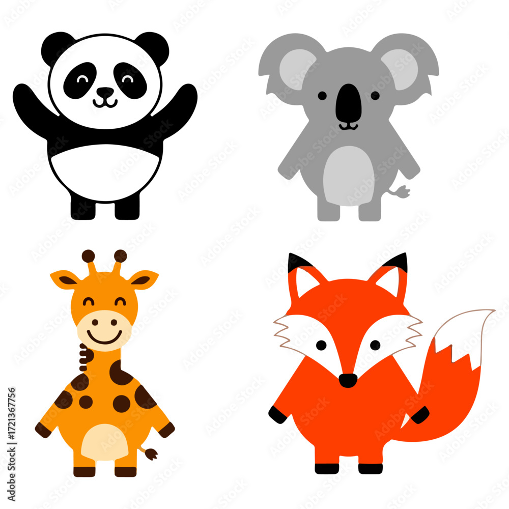 Obraz premium Cute cartoon animals panda koala giraffe fox illustration.