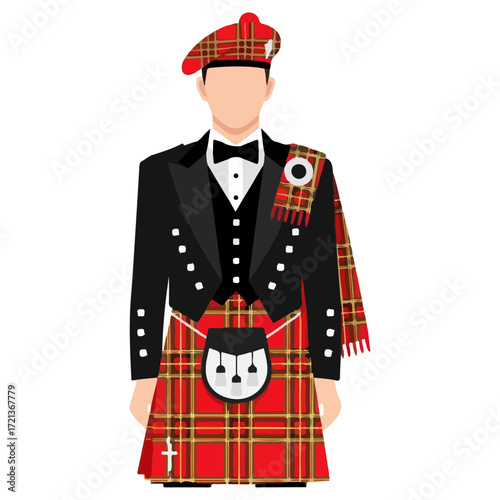 Scottish Man in Traditional Attire, Formal Dress, Kilt and Jacket.