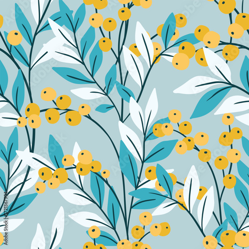 Seamless botanical pattern in cool and light winter colors. Stylish floral design, nature print of small hand-drawn yellow berries, large blue leaves, elegant rowan branches. Vector illustration.