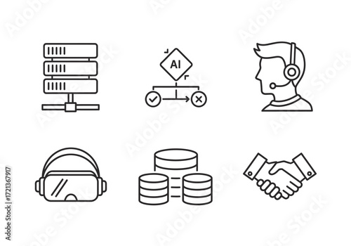 Collection of line icons related to technology, AI, support, and business.