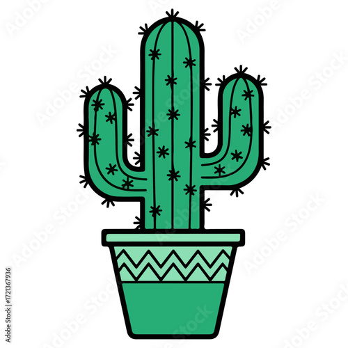 Green cactus in a pot, a vibrant desert plant.