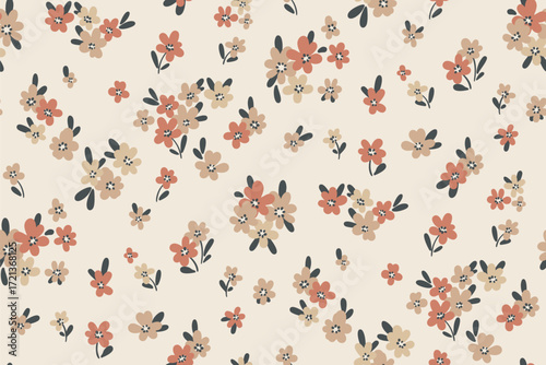 Seamless floral pattern, liberty ditsy print of simple small chamomiles in neutral natural colors. Cute botanical design of tiny hand drawn daisy flowers, leaves, mini bouquets on beige. Vector image