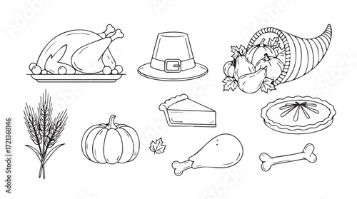 Hand drawn thanksgiving icons collection festive food and symbols outline art for seasonal celebration silhouette