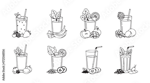 Collection of hand drawn refreshing summer drinks with fruits and garnishes sketch art silhouette