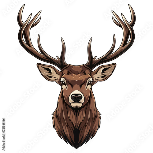 Majestic deer head portrait with impressive antlers, isolated on white background.