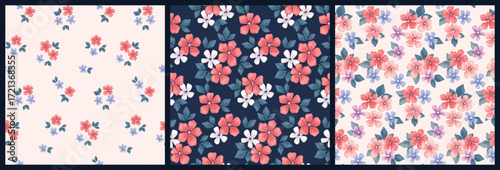 Seamless floral pattern, delicate ditsy print of small watercolor plants in pastel colors. Cute botanical design of tiny hand drawn flowers, leaves, gentle bouquets. Vector illustration, tile set.