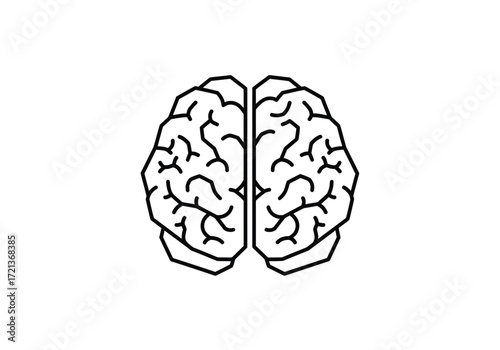 Minimalist black and white outline drawing of a human brain, showing its two hemispheres from a top-down perspective.