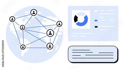 Human icons interconnected on a world map, data visualization chart, and text document. Ideal for global communication, teamwork, social networks, technology, analytics, collaboration simple flat