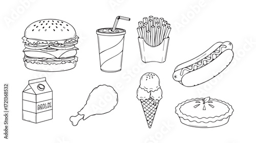 Hand drawn fast food collection featuring burger fries drink hotdog ice cream and more silhouette