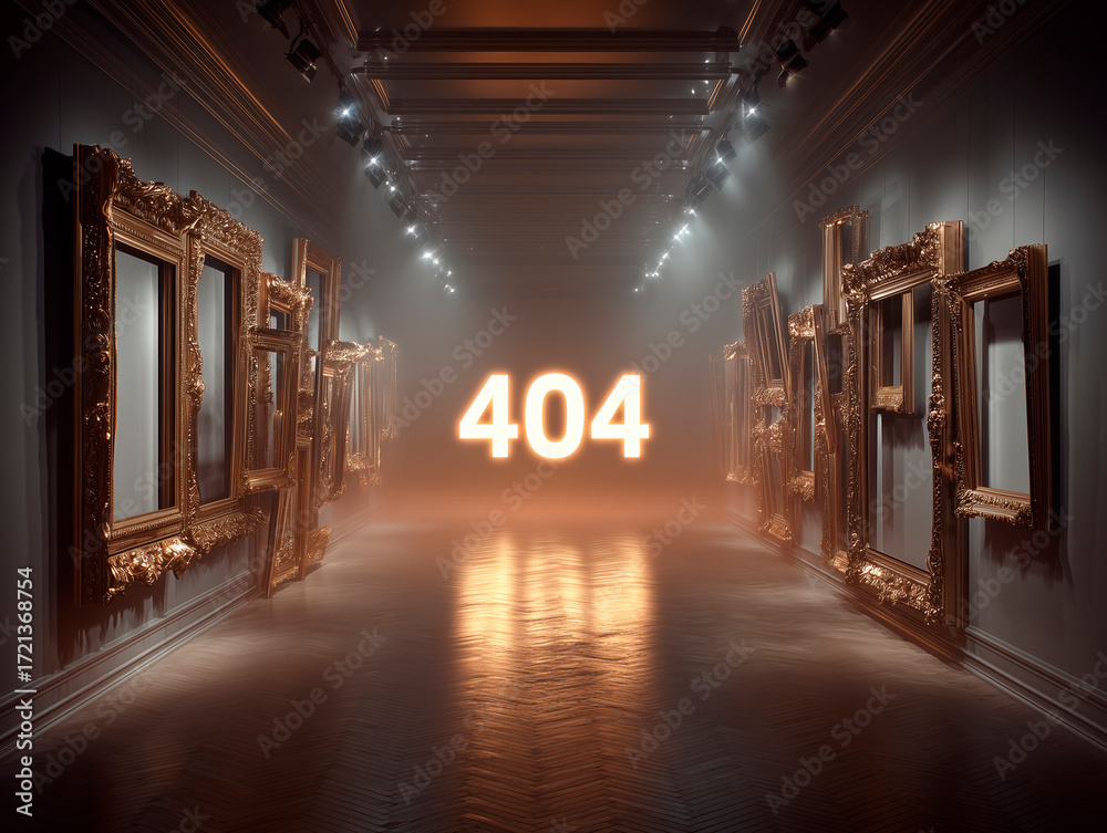 Naklejka premium A surreal, dreamlike art gallery with empty, ornate frames hanging askew on walls, and a single, glowing