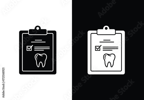 Black and white icons of a dental checklist on a clipboard.