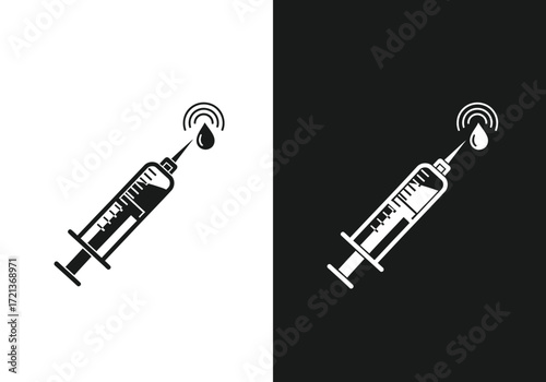 A medical syringe with a drop of liquid and a Wi-Fi signal icon, presented in both black and white versions.