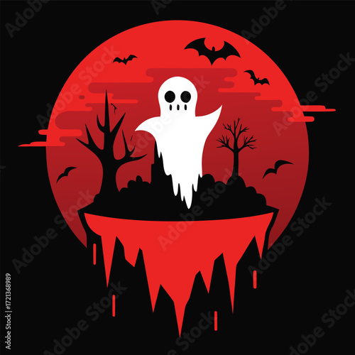 A cute ghost floating in front of a bloody red moon on halloween night with spooky trees and bats flying in the sky