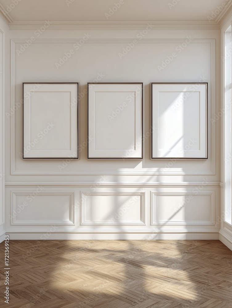 Fototapeta premium Triptych of Three Blank Framed Posters on White Gallery Wall, Minimalist Art Mockup