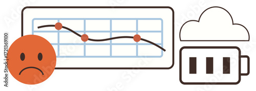 Graph with downward trend line, sad face for negative emotions, battery icon showing low energy. Ideal for productivity, burnout, performance, energy, decline emotions failure. Simple flat metaphor