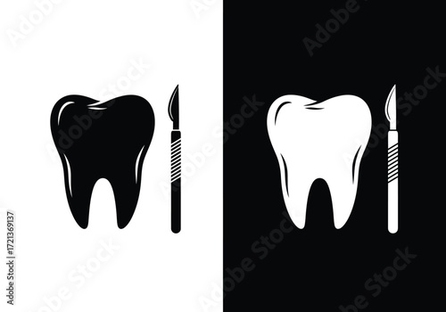 Tooth extraction concept: black and white tooth with scalpel.