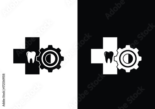 Black and white dental logo featuring a cross, tooth, and gear, representing dental technology.