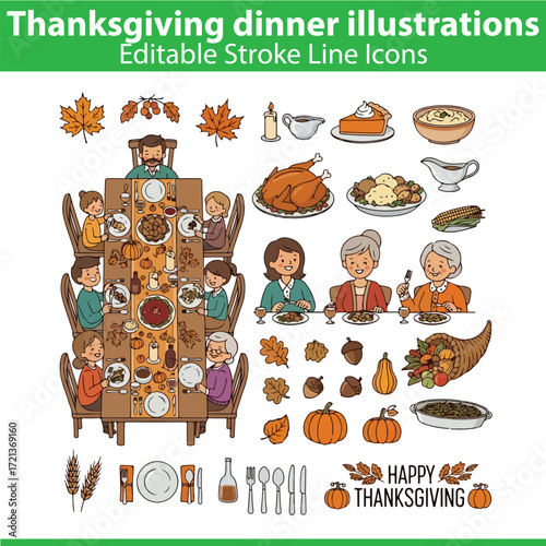 Thanksgiving Dinner Vector Illustration Set 1 – Turkey, Feast, and Holiday Celebration Icons
