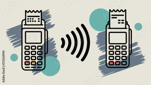 Illustration of two pos terminals communicating wirelessly with signal in the middle ground