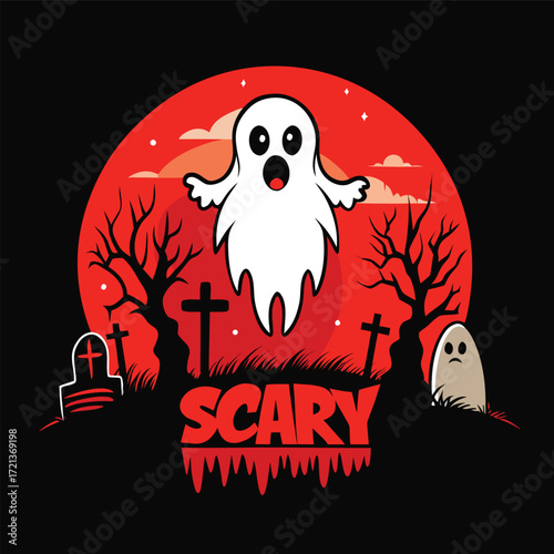 A cute ghost floating in front of a bloody red moon on scary halloween night with spooky trees and tombstones in a cemetery
