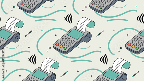 A seamless pattern of pos terminals with receipts and wireless payment symbols on a light background