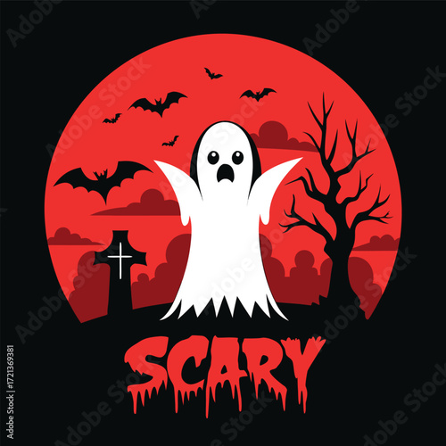 Spooky halloween ghost illustration with bats flying over a graveyard in front of a full moon on a black background for scary halloween