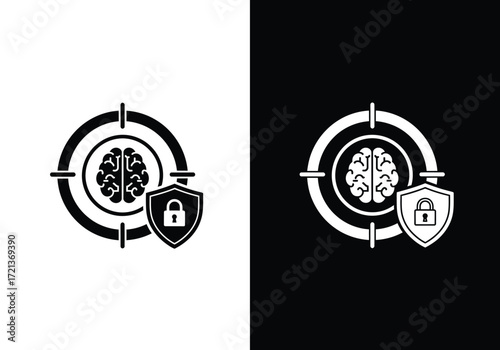 Brain target with shield and lock, security concept illustration.