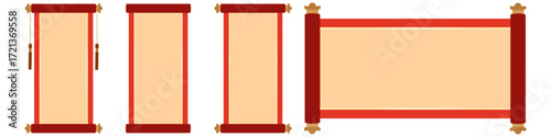 Set of traditional chinese scrolls in red and gold, ideal for cultural design and decor themes.