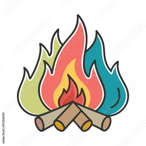 Cartoon campfire with colorful flames and logs burning