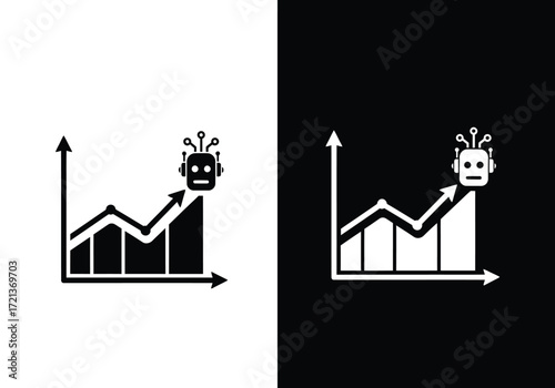 Illustration of a robot head superimposed on a rising bar graph, symbolizing artificial intelligence in business growth and data analysis.