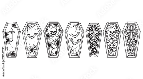 Collection of ornate hand-drawn coffins featuring skulls and gothic embellishments for halloween silhouette