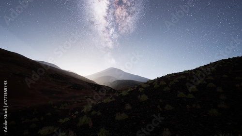 Φωτογραφία Under the expansive night sky, the milky way shines brightly, casting a soft glow over the rugged volcanic terrain