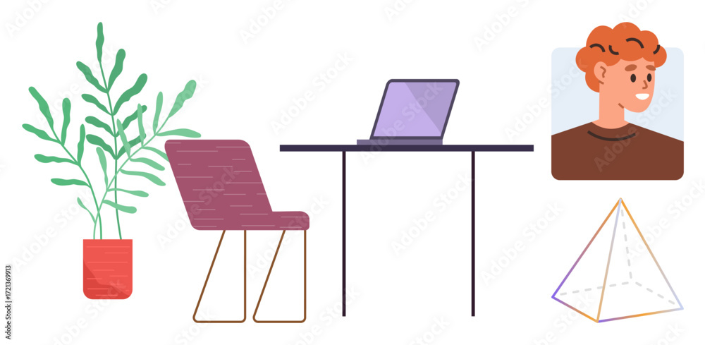 Fototapeta premium Desk with laptop, vibrant plant, stylish chair, pyramid structure, and smiling avatar. Ideal for remote work, creativity, minimalism office vibes technology user profiles education. Simple flat