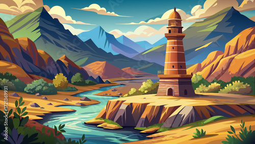 Minaret and Archaeological Remains of Jam, Afghanistan, rise dramatically beside a river gorge, decorated with detailed brickwork inscriptions from the Ghurid dynasty’s golden era.
