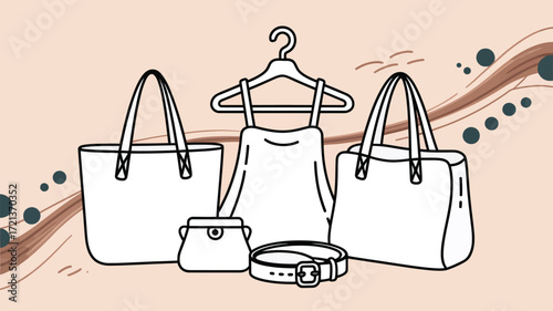 Illustration of a dress on a hanger with two bags a purse and a belt on a light background
