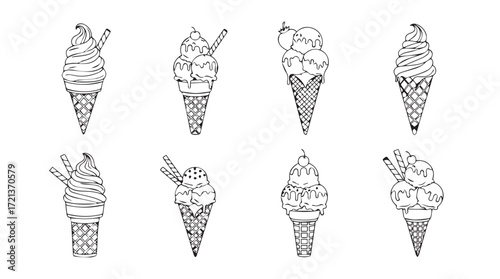 Hand drawn ice cream cones set delicious summer treats whimsical artistic dessert collection silhouette