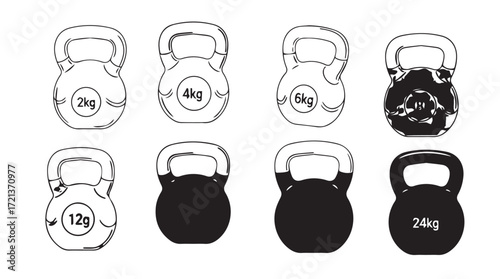 Collection of eight colorful kettlebells for strength training and fitness workouts silhouette