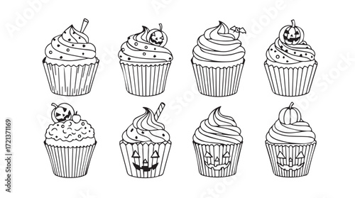 Set of hand drawn halloween themed cupcakes in sketchy line art style for festive celebration silhouette