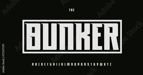 High Bold Military Gaming Font, Heavy Block Alphabet Strong Letters. Display Typeface for Esports Logo and Headline, Bunker Game Typography. Modern Brutalist Typographic Design. Vector Typeset