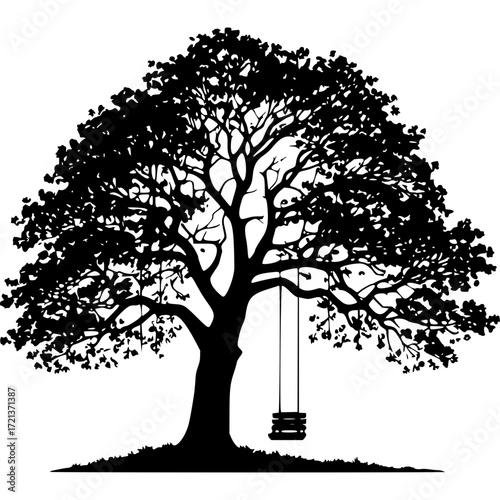 Silhouette tree with swing vector graphic for park and nature designs