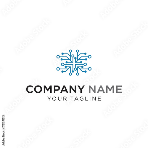 A minimalist blue circuit board logo with connecting nodes and lines, placed above the text "COMPANY NAME" and "YOUR TAGLINE".