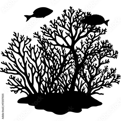Silhouette coral reef with fish ocean life marine ecosystem vector art