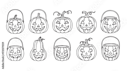 Collection of hand drawn halloween jack-o-lantern faces for spooky season celebrations silhouette