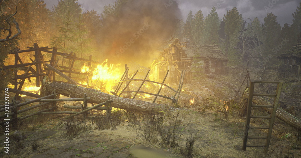 Φωτογραφία Flames engulf buildings in a village, with smoke filling the sky