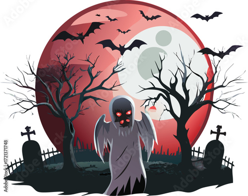 Spooky ghost in a graveyard with a full moon and bats flying around isolated on white background for halloween celebration theme