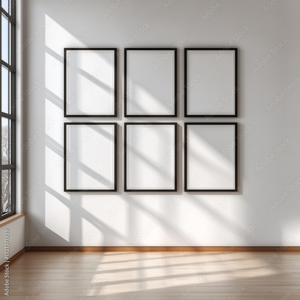 Fototapeta premium Six Vertical Black Wooden Frames on White Gallery Wall, Minimalist Art Mockup