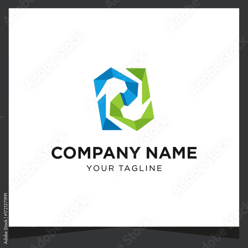 A modern, abstract logo featuring interlocking geometric shapes in blue and green, symbolizing synergy and growth, with placeholder text for company name and tagline.