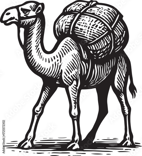 Camel carrying load in bold black and white linocut etching style illustration