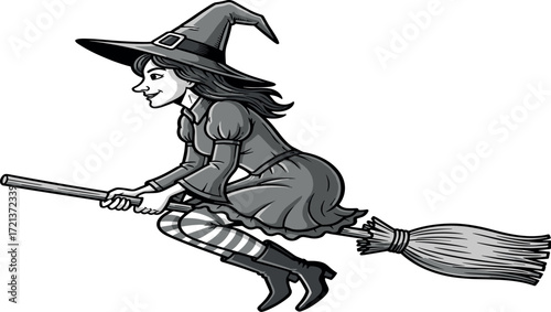Witch Flying on Broomstick Halloween Illustration