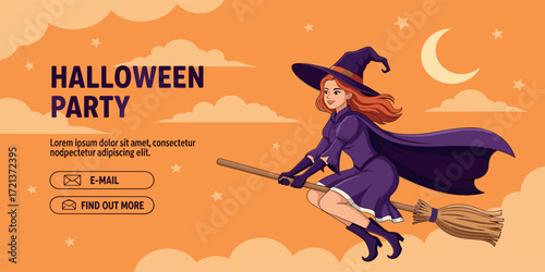 Halloween Party Invitation Witch on a Broomstick Flying Through the Night Sky
